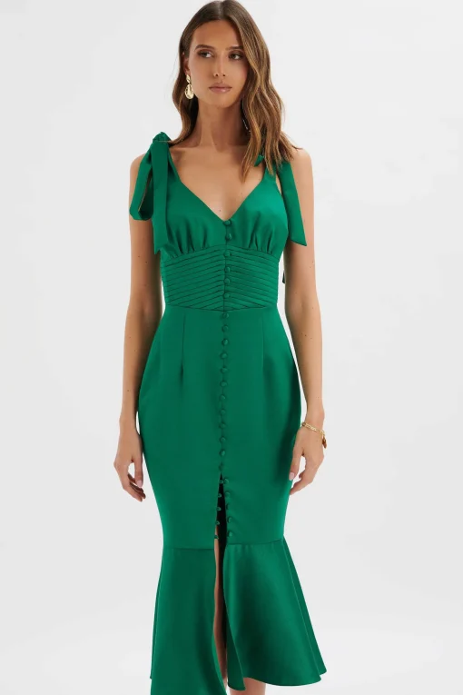 Kamila Tie Strap Micro Button Satin Midi Dress In Emerald Green<Lavish Alice Shop