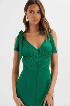Kamila Tie Strap Micro Button Satin Midi Dress In Emerald Green<Lavish Alice Shop