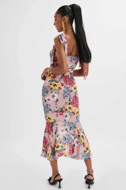 Kamila Tie Strap Micro Button Longline Midi Dress In Pink Floral Satin<Lavish Alice Shop