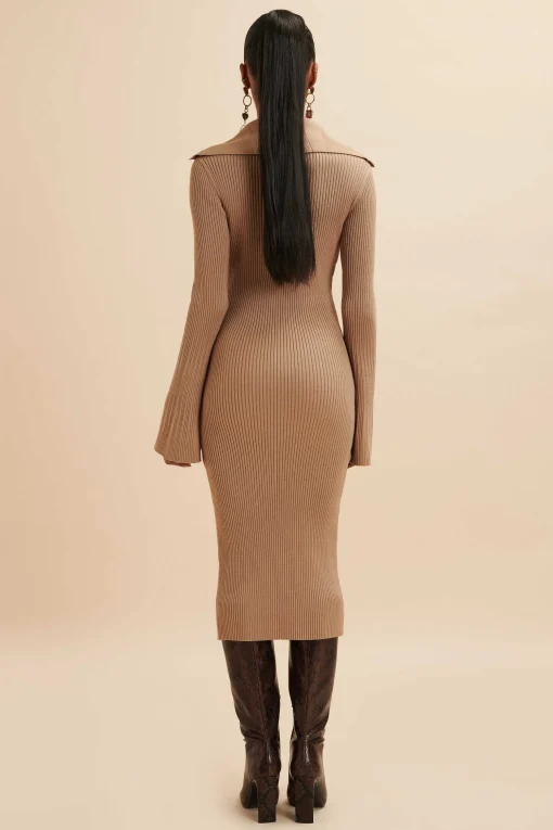 Kaya Knitted Ribbed Collar Midi Dress In Camel<Lavish Alice Online