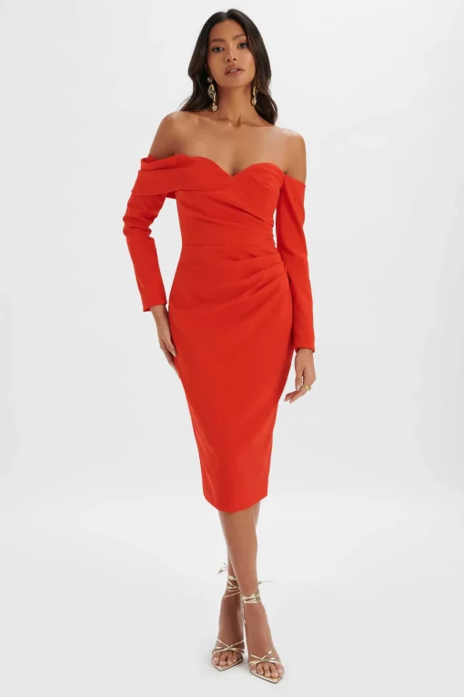 Kiara Sweetheart Neckline Bardot Midi Dress In Red<Lavish Alice Discount