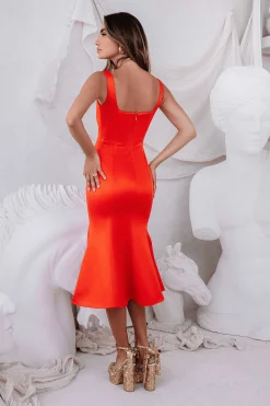 Lainey Stitch Detail Midi Slip Dress In Coral Red<Lavish Alice Fashion