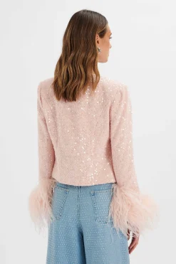 Laria Sequin Boucle Jacket With Feather Cuffs In Pink<Lavish Alice Flash Sale