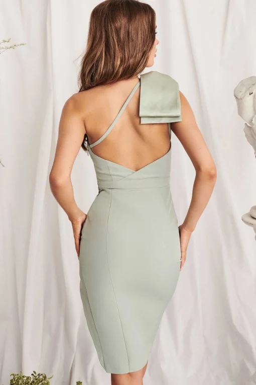 Lillian One Shoulder Satin Bow Midi Dress In Sage Green<Lavish Alice Cheap