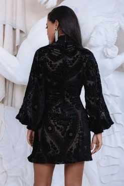 Lucian Velvet Devore Balloon Sleeve Mini Dress In Black<Lavish Alice Store
