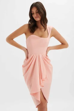 Luciana Curved One Shoulder Midi Dress In Coral Satin<Lavish Alice Discount