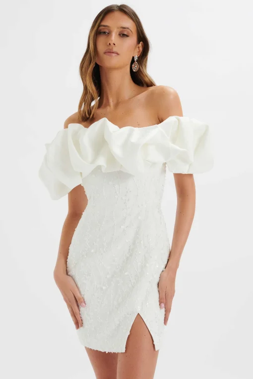 Marcia 3D Embroidered Satin Puff Mini Dress In White<Lavish Alice Store