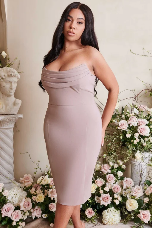 Maria Curve Cowl Front Bandeau Midi Pencil Dress In Stone<Lavish Alice Hot