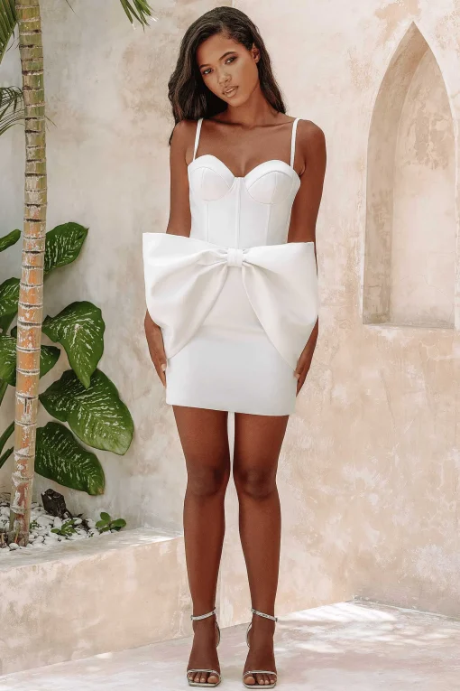 Michelle Extreme Bow Corset Detail Mini Dress In White Satin<Lavish Alice New