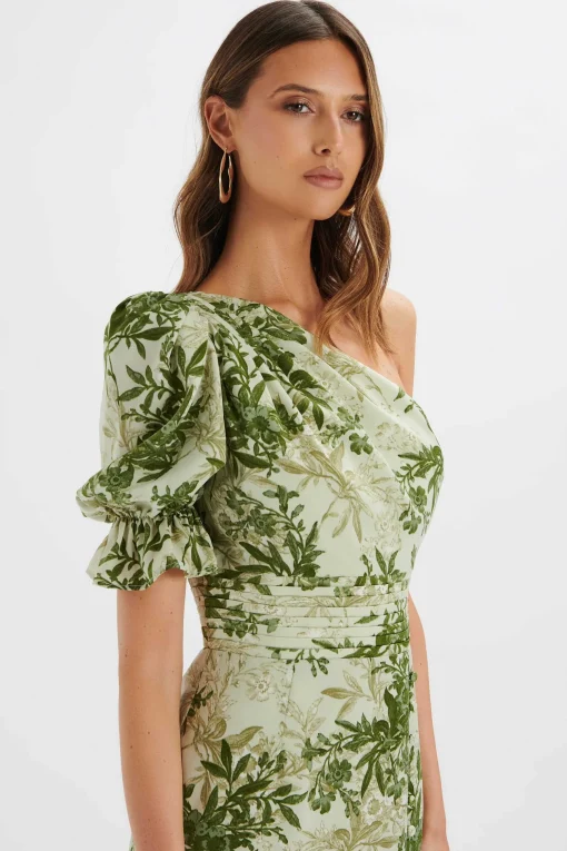 Nakia Asymmetric Puff Sleeve Midi Dress In Botanical Print<Lavish Alice Best
