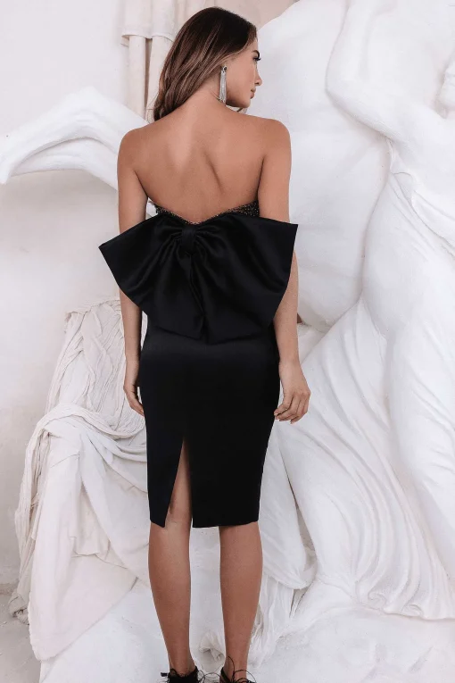 Nisha Bandeau Mesh Beaded Midi Dress With Satin Bow Detail In Black<Lavish Alice Online