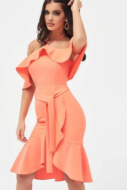 Paisley Bardot Frill Halterneck Midi Dress In Neon Coral<Lavish Alice Shop