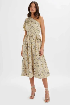 Polly One Shoulder Puff Sleeve Midi Dress In Floral Broidery<Lavish Alice Sale