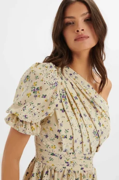 Polly One Shoulder Puff Sleeve Midi Dress In Floral Broidery<Lavish Alice Sale