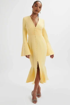 **Pre-Order** Salma Fluted Sleeve Longline Fishtail Midi Dress In Yellow<Lavish Alice Hot