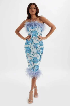 Sami Feather Bandeau Midi Dress In White And Blue Rose Sequin<Lavish Alice Shop
