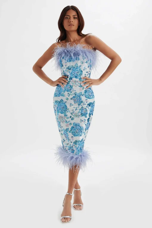 Sami Feather Bandeau Midi Dress In White And Blue Rose Sequin<Lavish Alice Shop