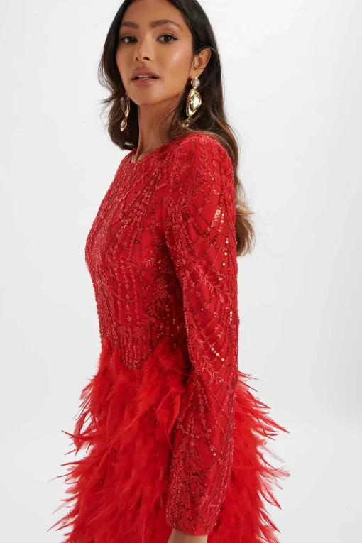 Selene Embellished Feather Mini Dress In Red<Lavish Alice New