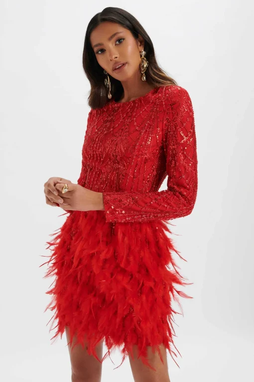 Selene Embellished Feather Mini Dress In Red<Lavish Alice New