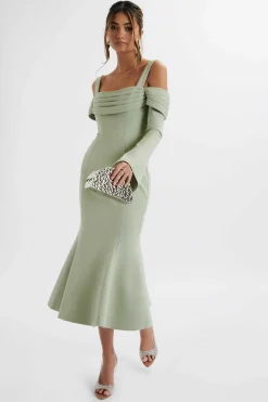 Sia Ponte Pleated Cowl Longline Midi Dress In Sage Green<Lavish Alice Store