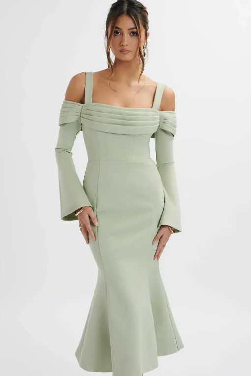 Sia Ponte Pleated Cowl Longline Midi Dress In Sage Green<Lavish Alice Store
