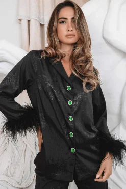 Sydney Feather Trim Satin Jacquard Pyjama In Black<Lavish Alice Best Sale