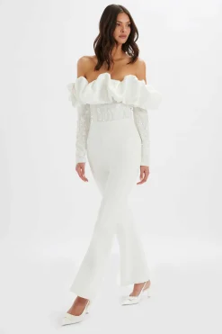 Tallulah 3D Embroidered Satin Puff Jumpsuit In White<Lavish Alice Best