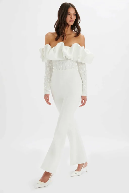 Tallulah 3D Embroidered Satin Puff Jumpsuit In White<Lavish Alice Best