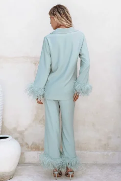 Tilly Feather Trim Satin Pyjama In Sage<Lavish Alice Hot